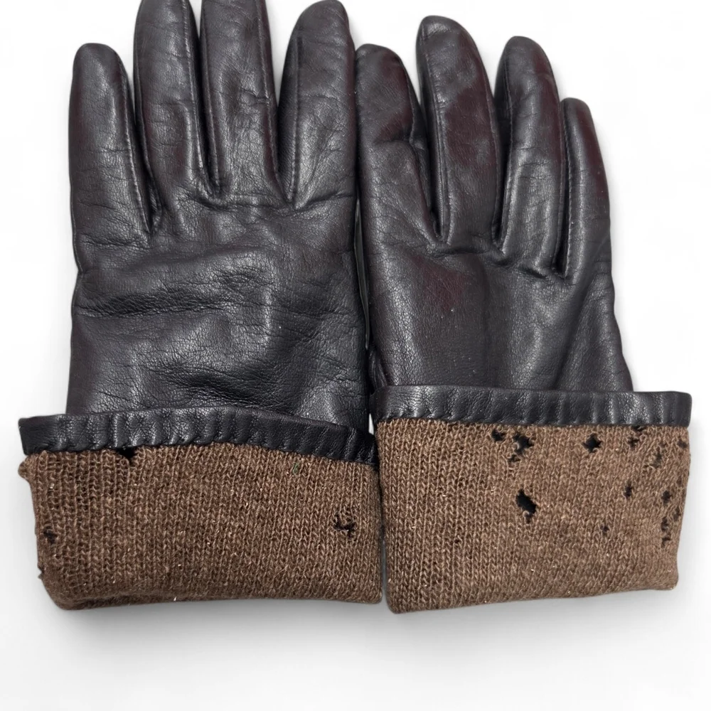 Vtg Isotoner Ladies Black Leather and Brown Cashmere Knit Gloves Size 7 Sm/Med**